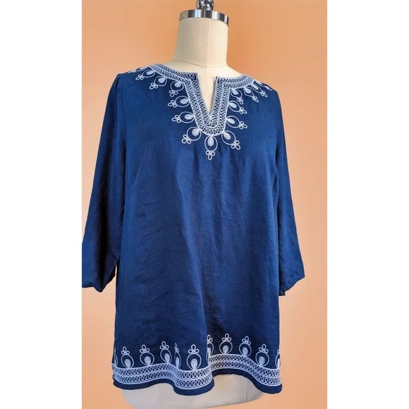 Saint Tropez West plus size 2X Navy blue Linen embroidered V neck Tunic - Picture 1 of 4
